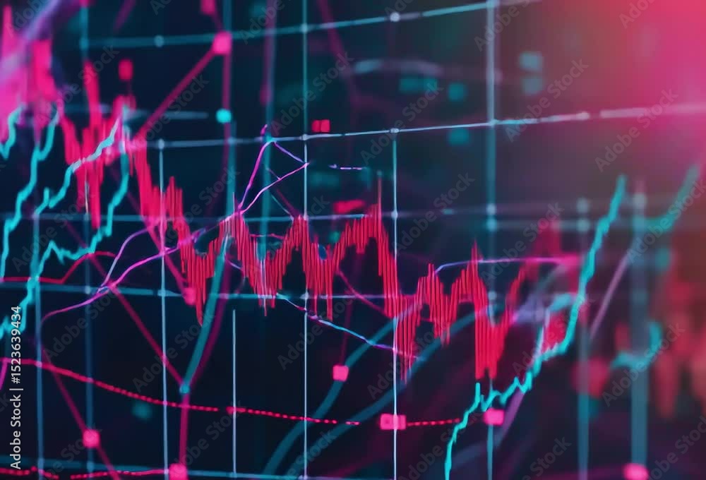 Poster abstract financial data visualization with vibrant pink and teal lines on a dark background showing 