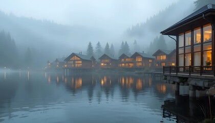 Fototapeta premium Lakefront houses on foggy day offer serene getaway destination