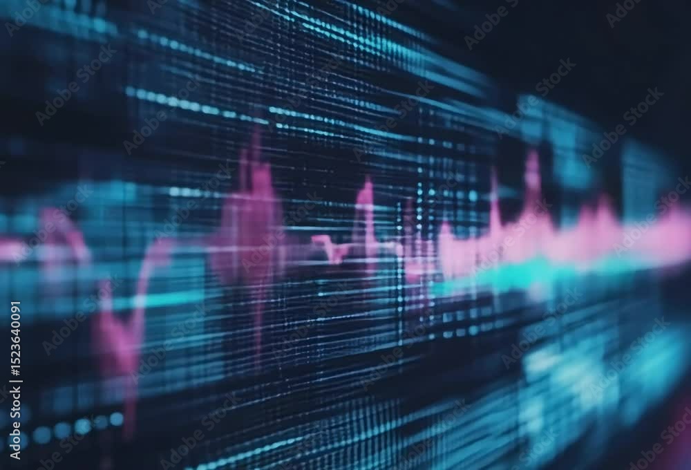 Poster abstract digital waveform visualization showing data streams in teal and pink hues, creating a dynam