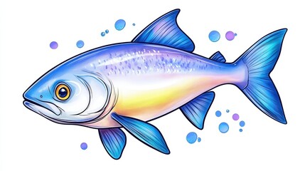 Hand drawn coloured pencil cartoon icon, of a grey salmon fish, isolated on white background 