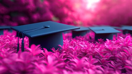 Graduation caps with pink flowers, and sunset.