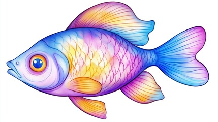 Coloured pencil, stylized cartoon icon, of a tropical fish isolated on white background - 16:9