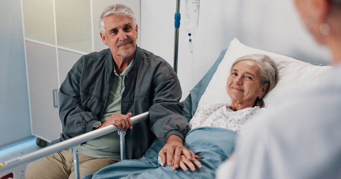 Consultation, doctor and senior couple in hospital, conversation and cancer treatment. Healthcare, medical emergency or old woman in bed, elderly man and illness with recovery, wellness and support