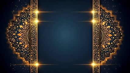 Elegant dark blue background with gold ornate frames and glowing mandala details, ideal for invitations or announcements