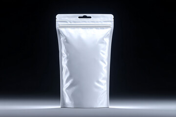 Isolated Standing White Glossy Pouch with Zipper Seal and Hanging Hole in Dark Gradient Background Illuminated from Below for Products Packaging