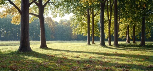 Naklejka premium Tranquil meadow landscape with trees sunlight and shadows natural green environment scenery