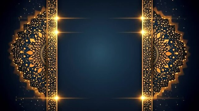 Elegant dark blue background with gold ornate frames and glowing mandala details, ideal for invitations or announcements