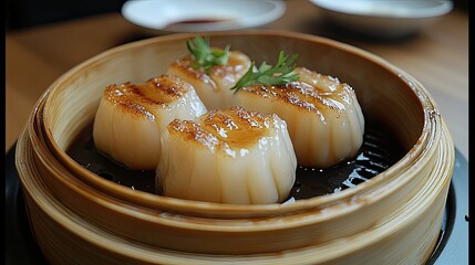 Grilled Scallops in Bamboo Steamer.