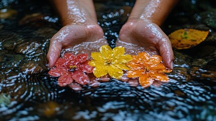 Hands holding flowers in stream.