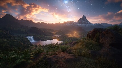 Serene Sunset Over Mountain Village And Waterfall