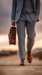 A wealthy businessman strolling outside with a briefcase in a suit