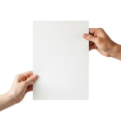 A blank white sheet held by two hands, isolated on transparent background