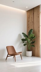 Modern minimalist interior with wooden chair, potted plant, and wooden panel wall