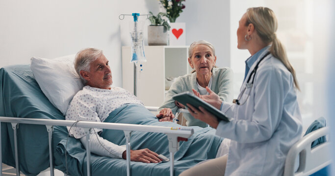 Hospital bed, doctor and senior man with wife for support, comfort or empathy with medical diagnosis. Conversation, healthcare and elderly male patient with woman and surgeon for feedback on surgery.