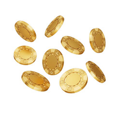 Scattered golden casino chips, isolated on transparent background, suggesting wealth and games of chance