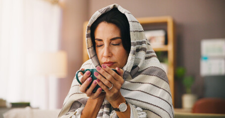 Blanket, sick woman and relax with coffee for virus recovery, cold weather and ginger treatment....