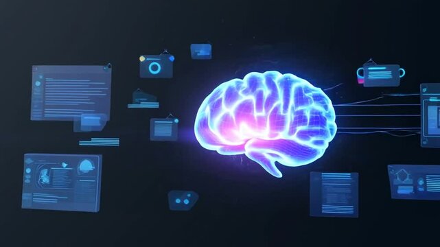 A dark-mode 3D-style digital scene showing documents, emails, and website screenshots floating into a glowing, stylized AI brain