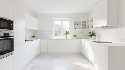 Modern White Kitchen with Marble Countertops and Built-in Appliances