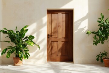 Minimalist interior with wooden door and potted plants in natural light