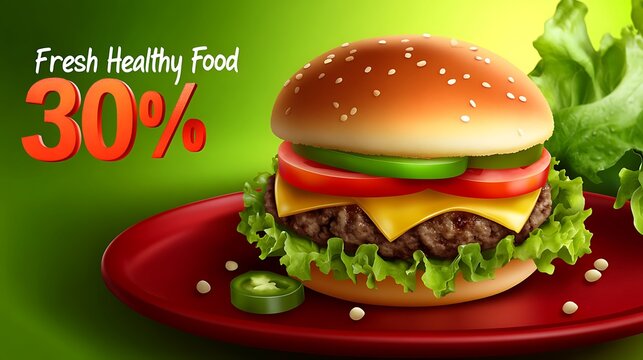 Delicious cheeseburger on a red plate with a discount. - Powered by Adobe