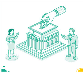 Isometric outline illustration of a large hand placing a dollar coin into a bank. A man and woman stand nearby discussing financial matters. Banking, investment, and savings.