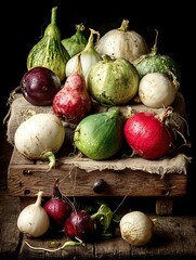 the photograph showcases a rustic still life featuring an assortment of fruits and vegetables arranged on a wooden surface with a dark background