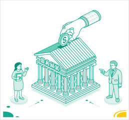 Hand placing a dollar coin into a classical bank building. A man and woman discuss finance, symbolizing investment, savings, and economic strategy.
 Isometric outline style.