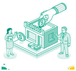 Isometric outline illustration of a large hand placing a dollar coin into a bank. A man and woman stand nearby discussing financial matters. Banking, investment, and savings.