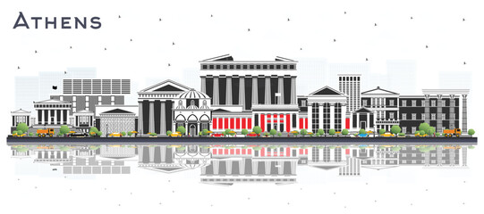Athens Greece City Skyline with Color Buildings and reflections Isolated on White. Business Travel and Tourism Concept with Historic and Modern Architecture. Athens Cityscape with Landmarks.