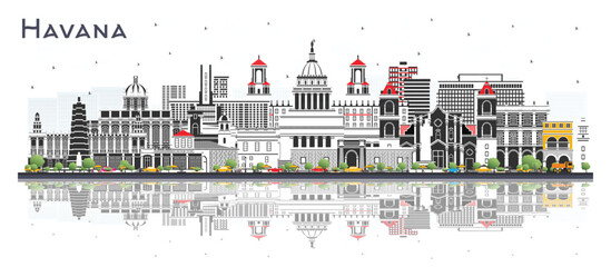 Havana Cuba City Skyline with Color Buildings and reflections Isolated on White. Illustration. Travel and Tourism Concept with Historic and Modern Architecture. Havana Cityscape with Landmarks.