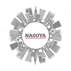 Outline Nagoya Japan City Skyline with Modern Buildings and copy space Isolated on White. Nagoya Cityscape with Landmarks.