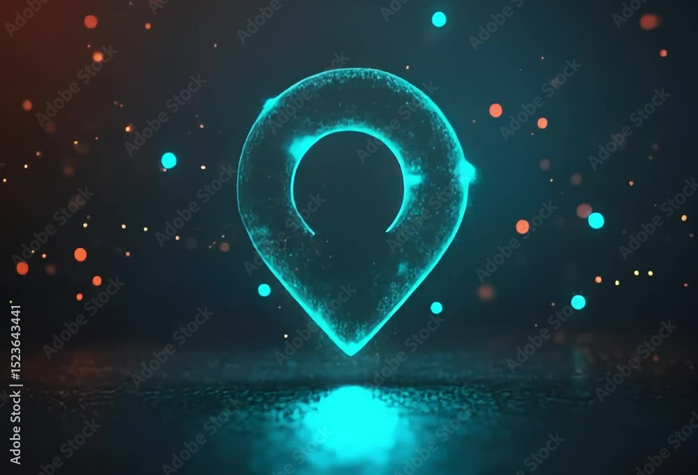 Poster glowing teal location pin on dark background with bokeh