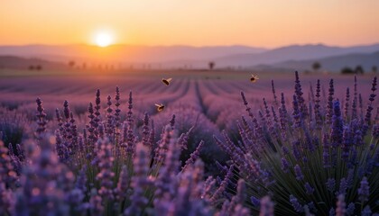 Naklejka premium Lavender field at sunset with bees flying over purple flowers