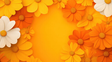Naklejka premium Vibrant floral seamless pattern with large orange and white flowers on bright yellow background, creating cheerful atmosphere