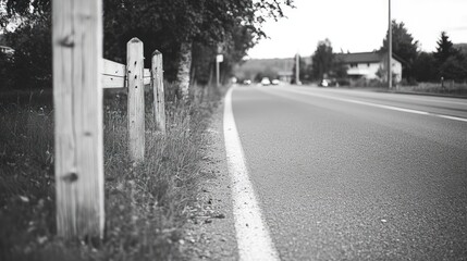 Rural road with weathered fence under overcast sky monochrome scene