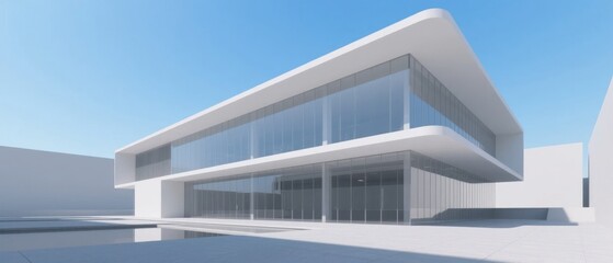 Modern minimalist building with large glass windows and a sleek white facade under a clear blue sky.