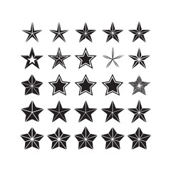 Collection of twenty five different black star icons on white background