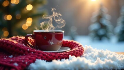 A cozy winter scene featuring a steaming mug, warm knitted scarf, and a festive winter voucher ready to be used for a relaxing getaway or gift , purchase, gift