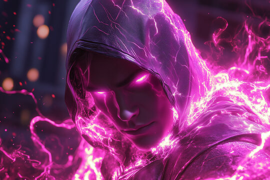 A figure cloaked in dark fabric emanates vibrant purple energy, creating a dramatic atmosphere - Powered by Adobe