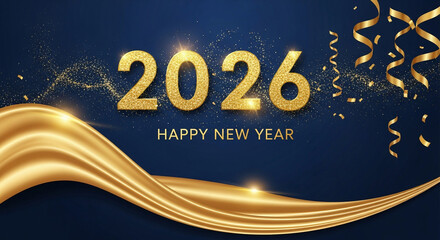 happy new year 2026 new year holiday gold text 3d blue background