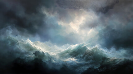 Obraz premium Heavenly Light Piercing Through Stormy Seas A Dramatic Ocean Landscape Painting