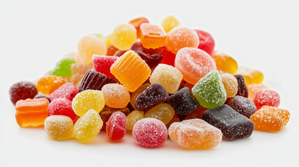 Brightly colored fruit jelly candies and delicious jelly beans on a white background