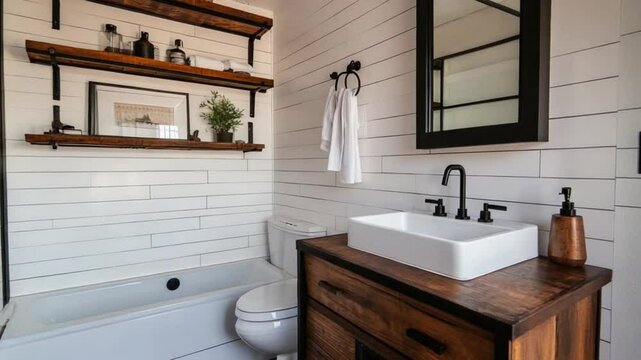 Rustic farmhouse bathroom with wood shelves
