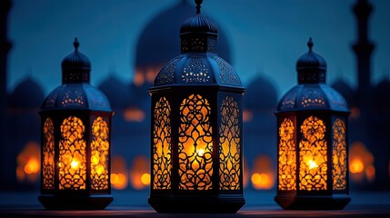 Lit lanterns with mosque backdrop, and night.