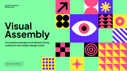 Modular Geometric Pattern–Vibrant Vector Grid with Arrows, Eyes, and Shapes for Posters, Tech Events, and Digital Design