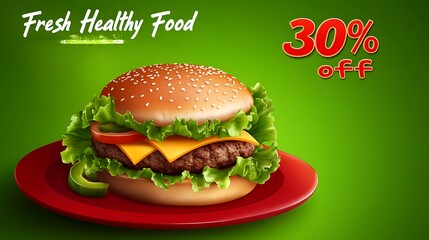 Delicious burger on a red plate, displayed against a green background.
