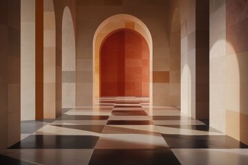 Fototapeta premium Geometric hallway interior architecture sunlight design modern minimalist earth tones beige orange brown