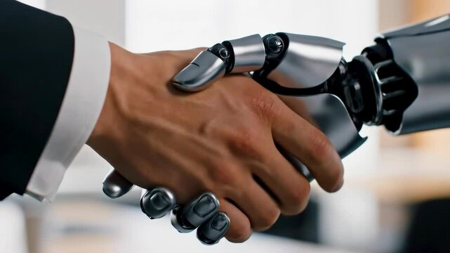 AI robot and human businessman in a handshake, symbolizing a future partnership. Ideal for concepts of technological integration, automation, and AI in business.