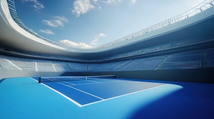 Professional tennis court in a modern stadium under a bright sunny sky