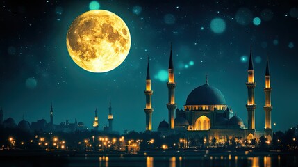 Night Mosque with Full Moon, and Cityscape.